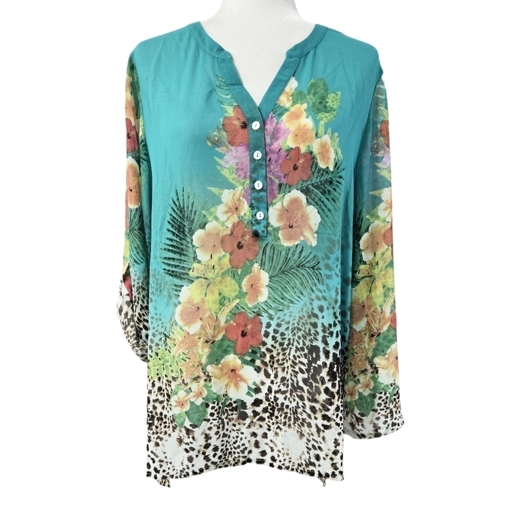 Soft Surroundings Turquoise Tropical Floral Cheetah Print Sheer Roll Tab Tunic